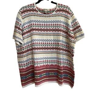 Vintage Eddie Bauer Short Sleeve Knit Sweater Cotton Multicolor Floral XXL Tall
